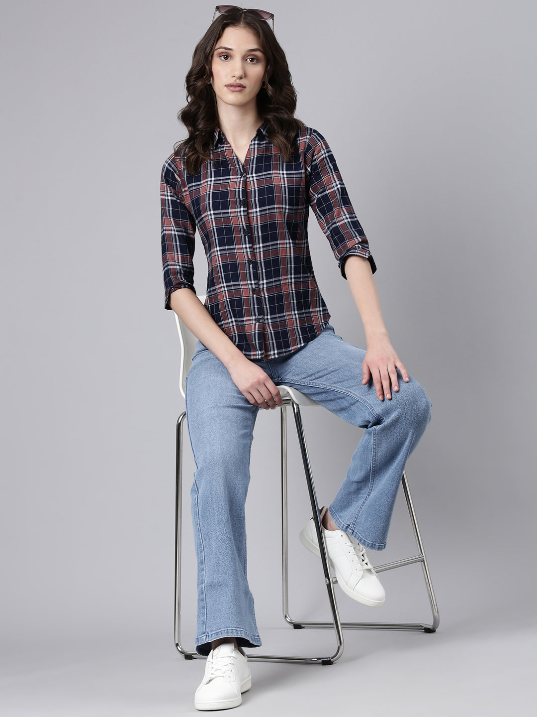 Women Navy Blue Checked Shirt