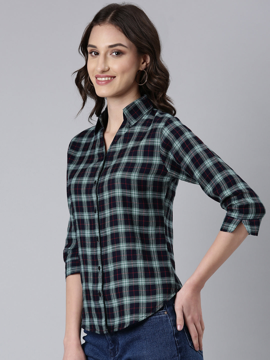 Women Sea Green Checked Shirt