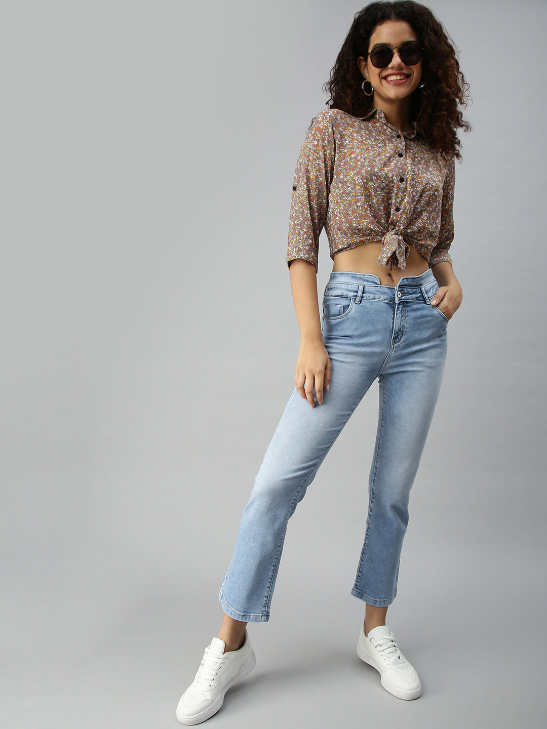 Women Taupe Self Design Crop Top