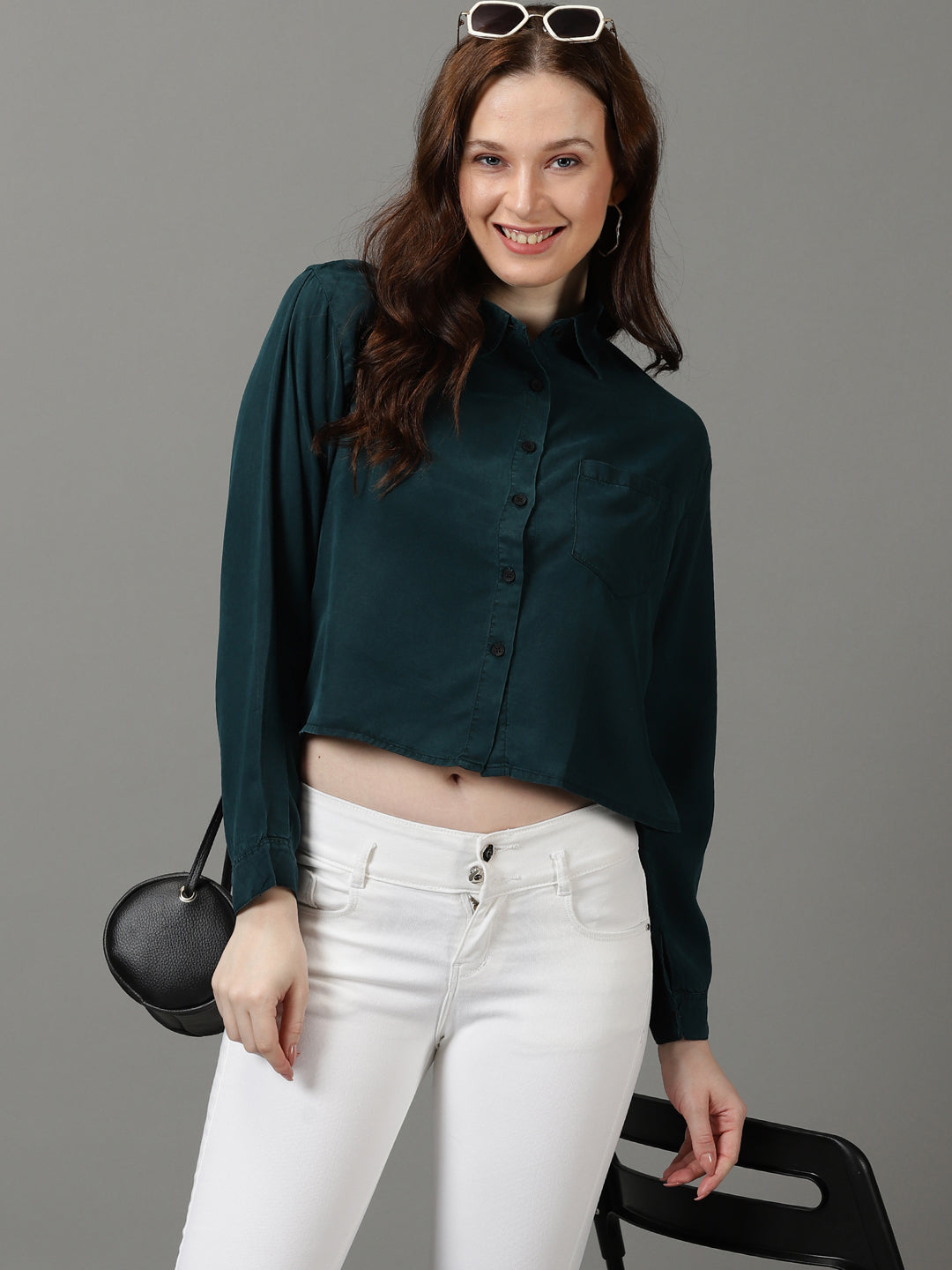 Women's Teal Solid Crop Shirt