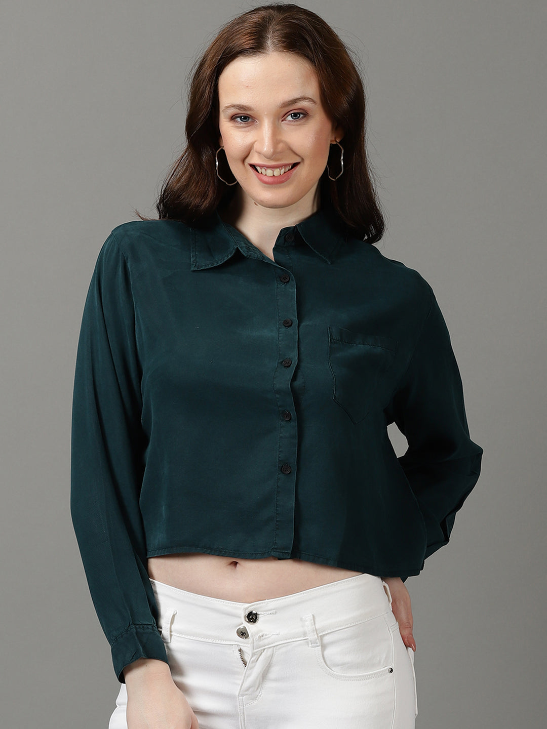 Women's Teal Solid Crop Shirt