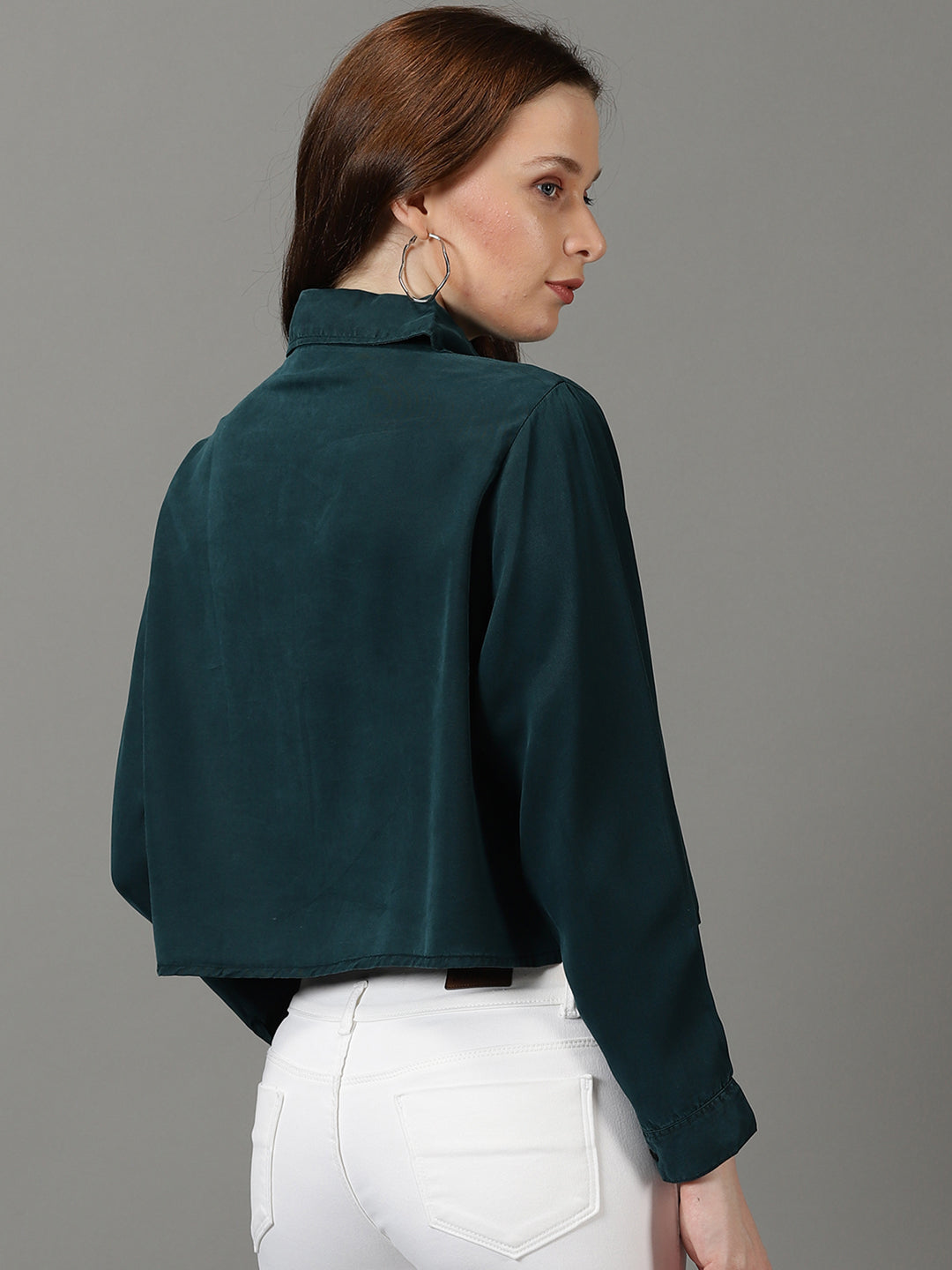 Women's Teal Solid Crop Shirt