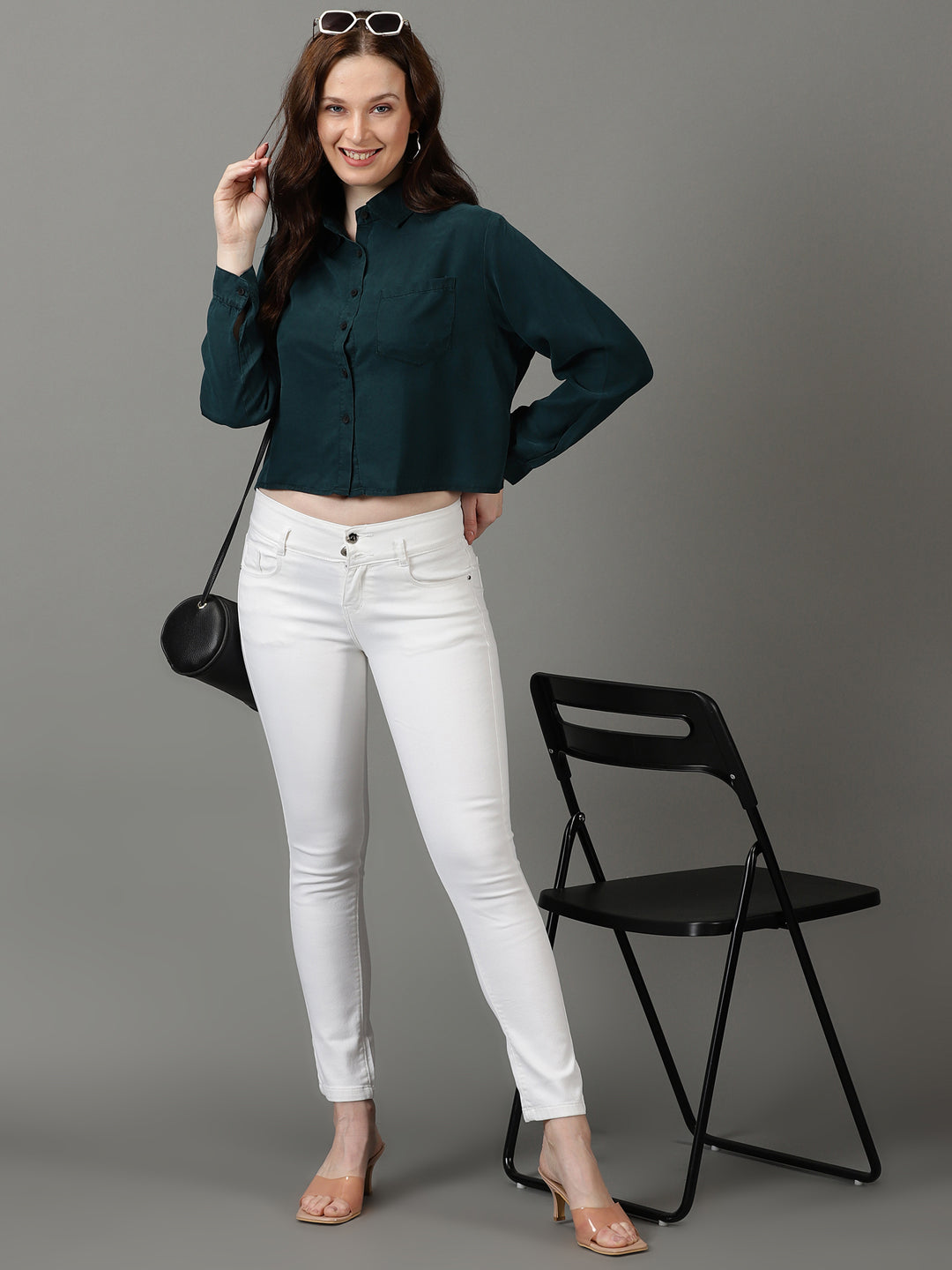 Women's Teal Solid Crop Shirt