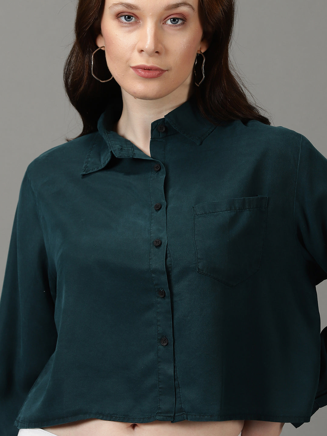 Women's Teal Solid Crop Shirt