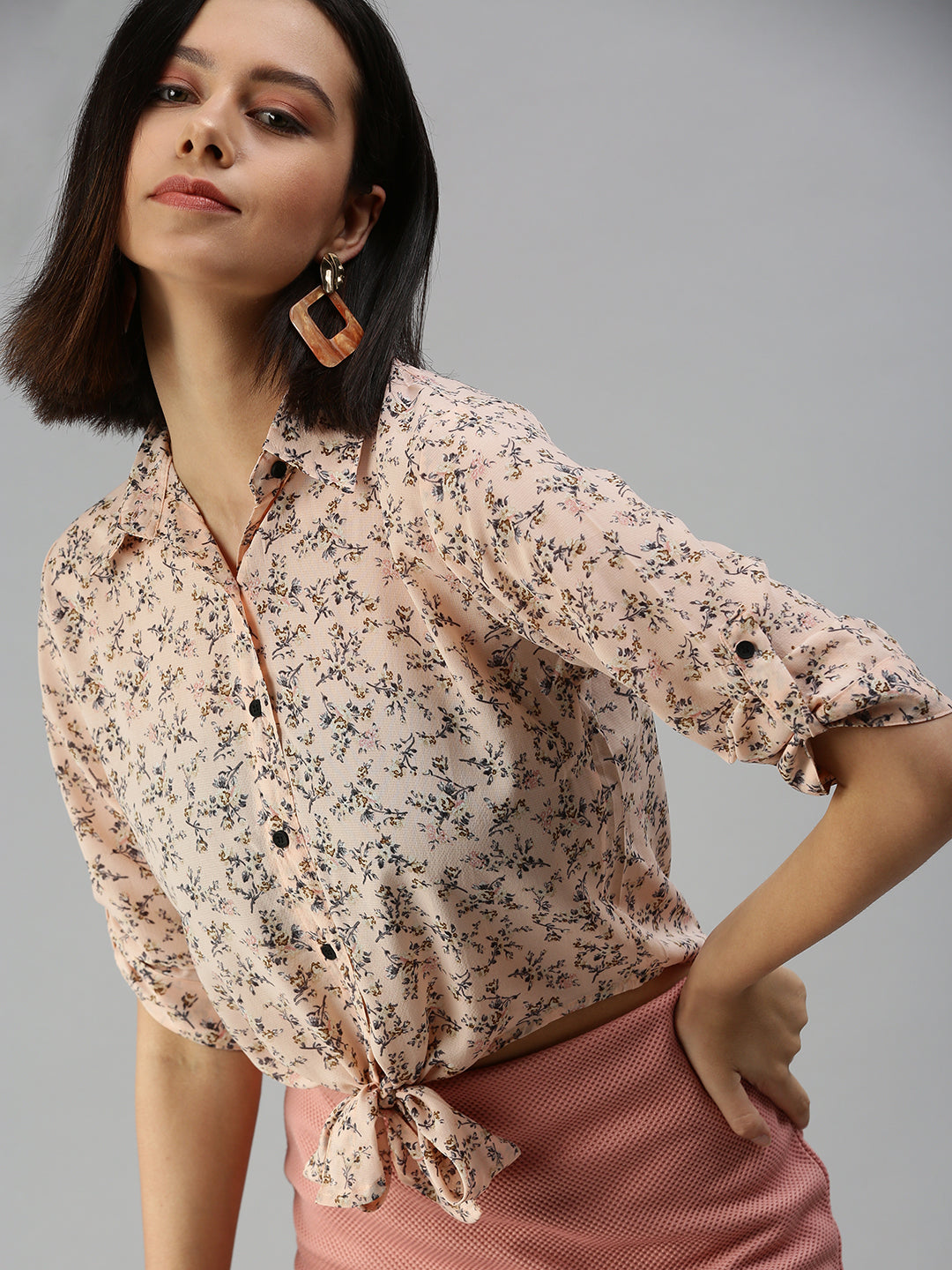 Women's Peach Floral Printed Roll-Up Sleeves Shirt Style Top