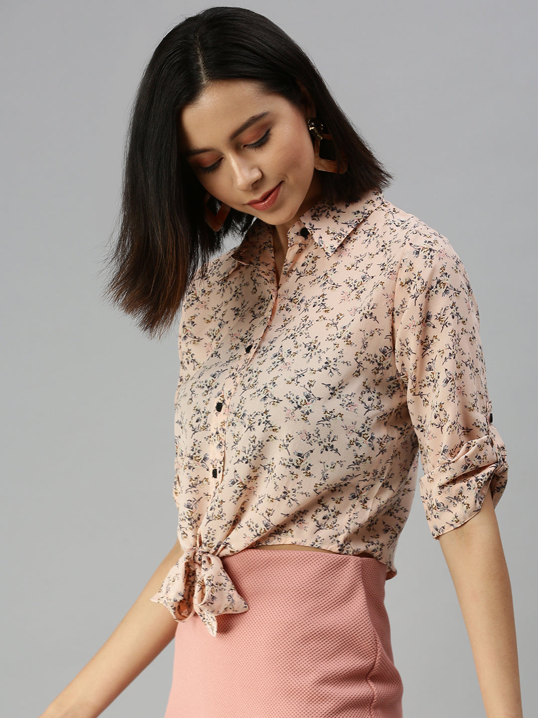 Women's Peach Floral Printed Roll-Up Sleeves Shirt Style Top