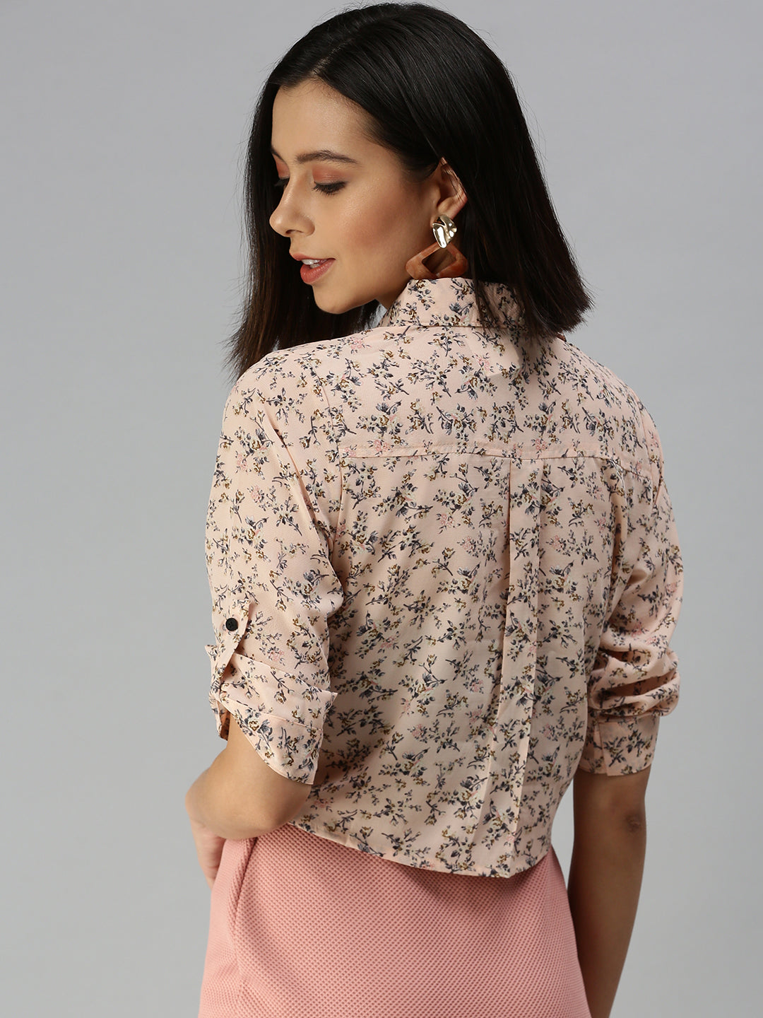 Women's Peach Floral Printed Roll-Up Sleeves Shirt Style Top