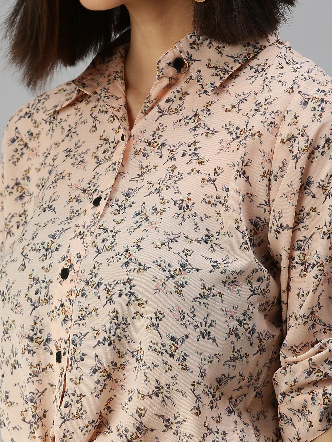 Women's Peach Floral Printed Roll-Up Sleeves Shirt Style Top