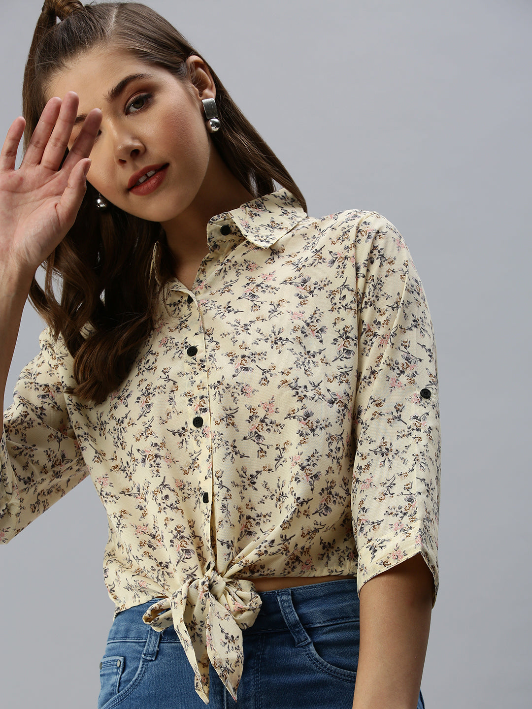 Women's Yellow Floral Print Shirt Style Crop Top
