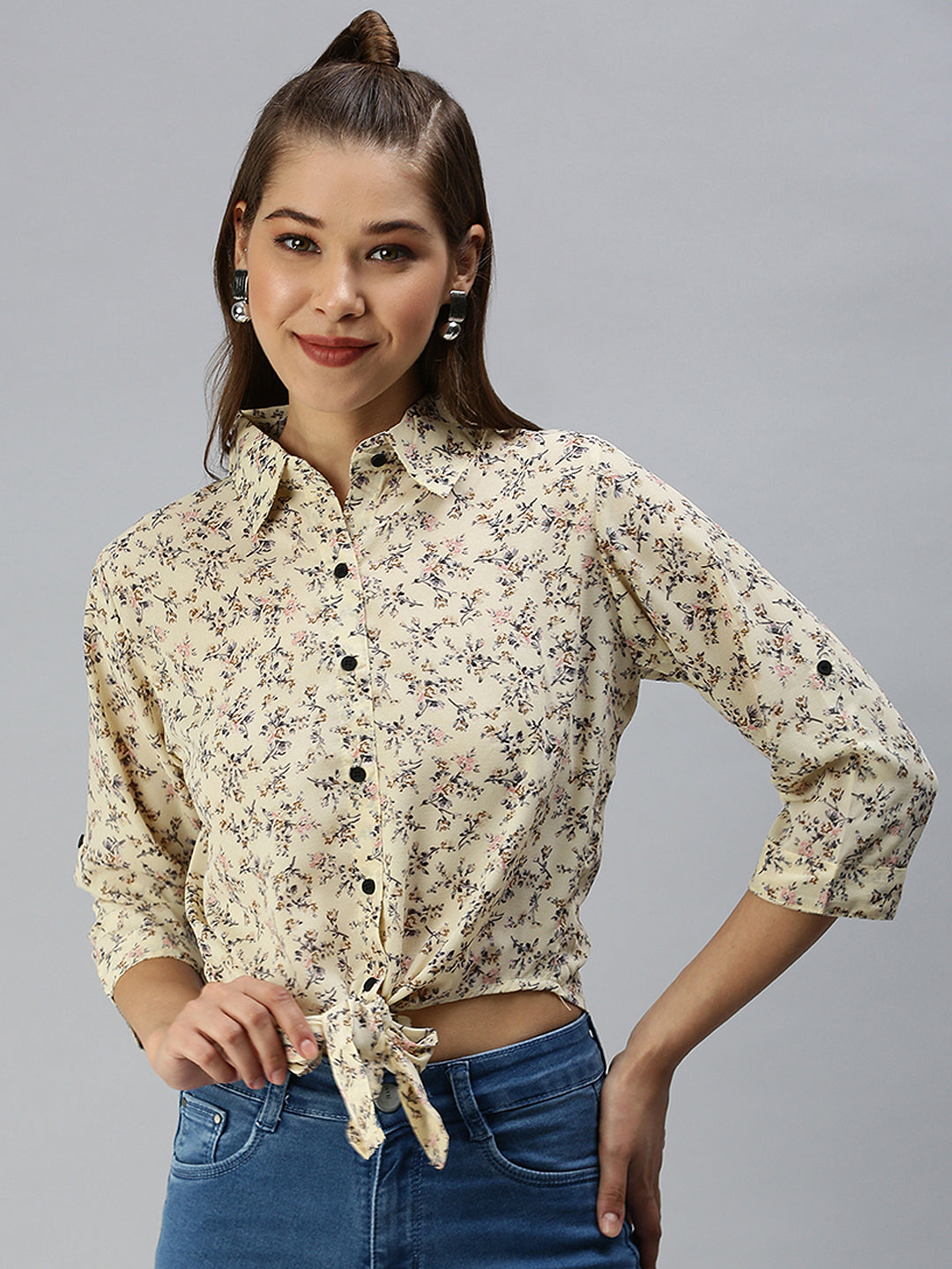 Women's Yellow Floral Print Shirt Style Crop Top