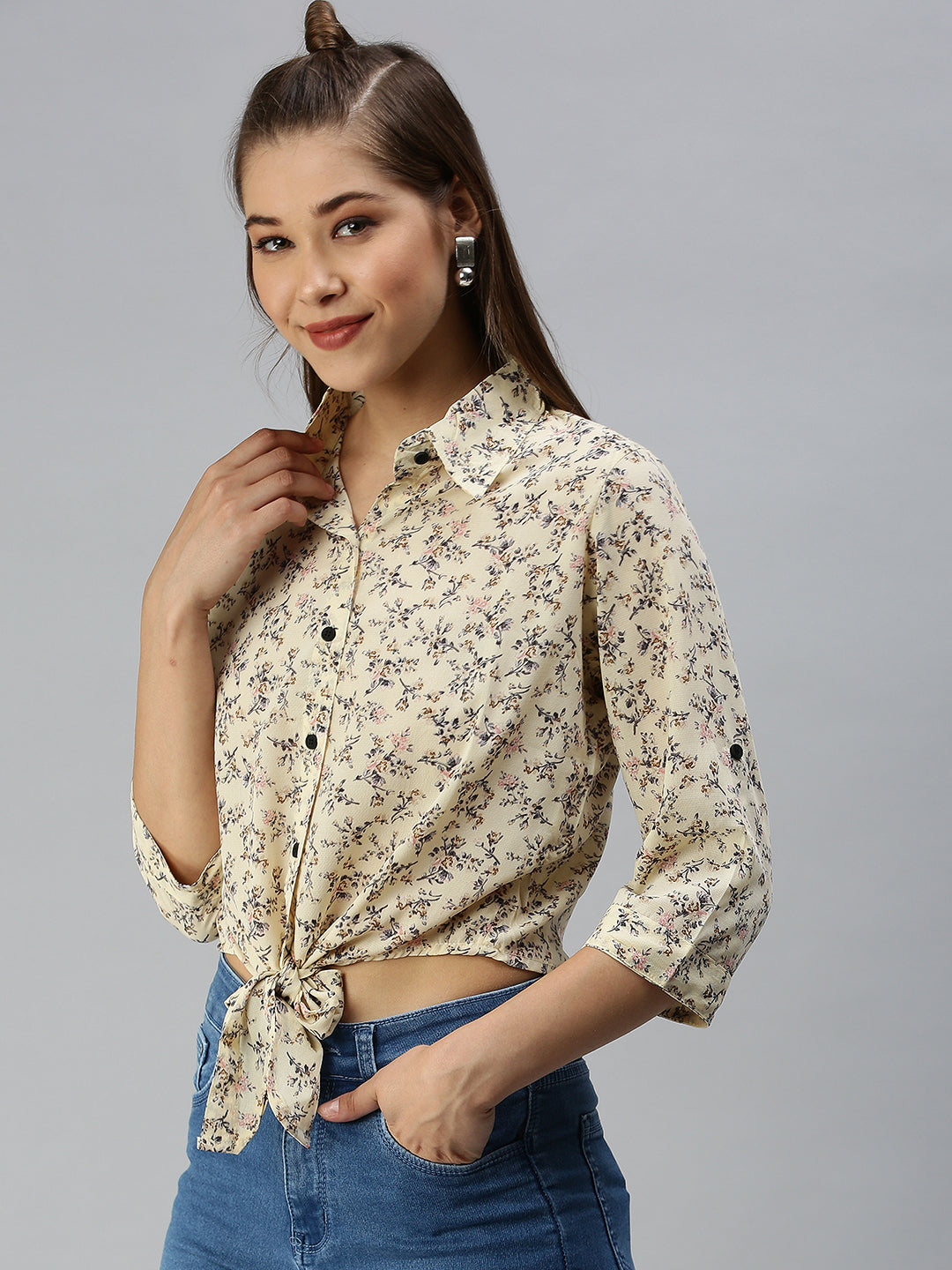 Women's Yellow Floral Print Shirt Style Crop Top