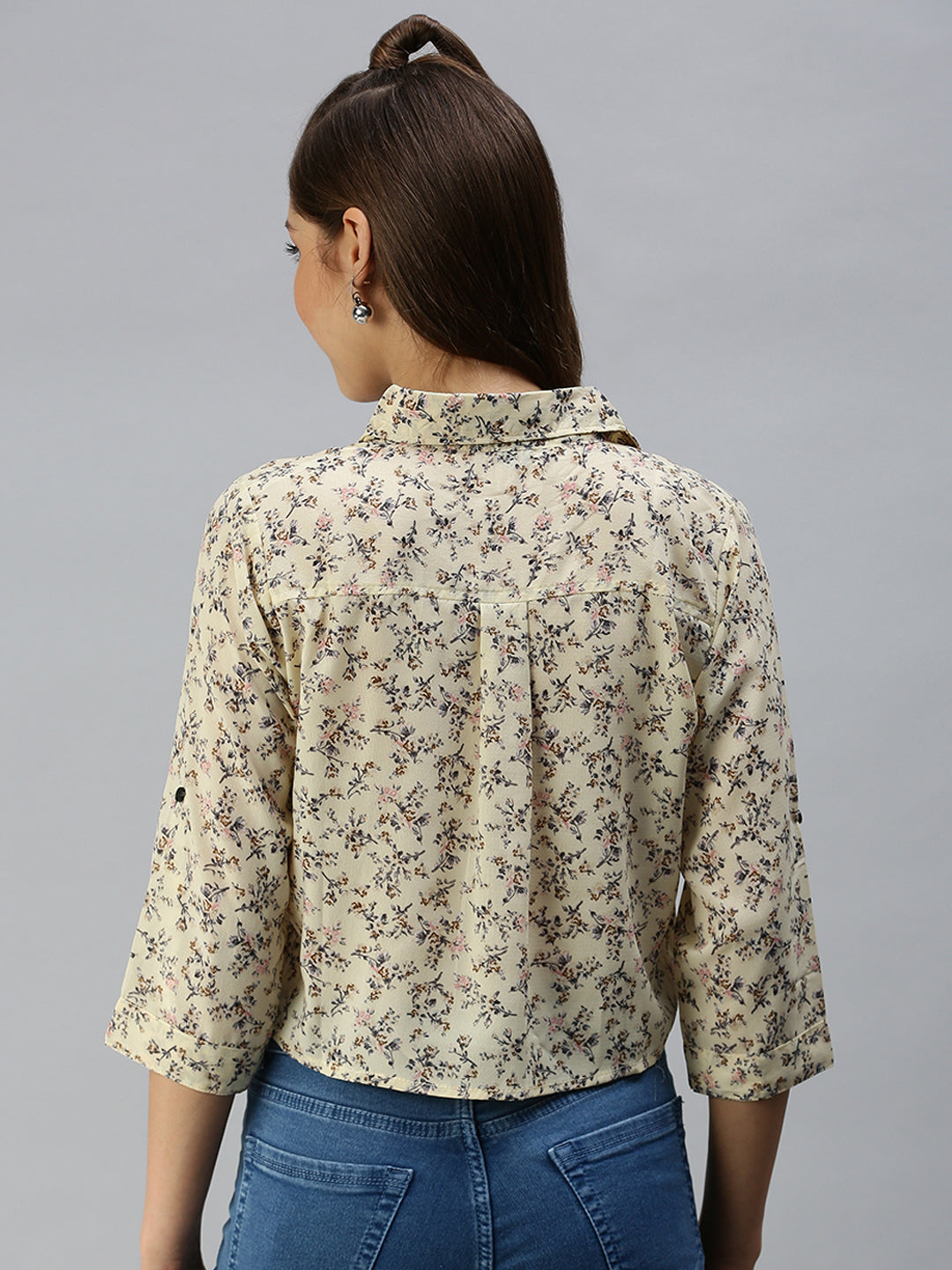 Women's Yellow Floral Print Shirt Style Crop Top