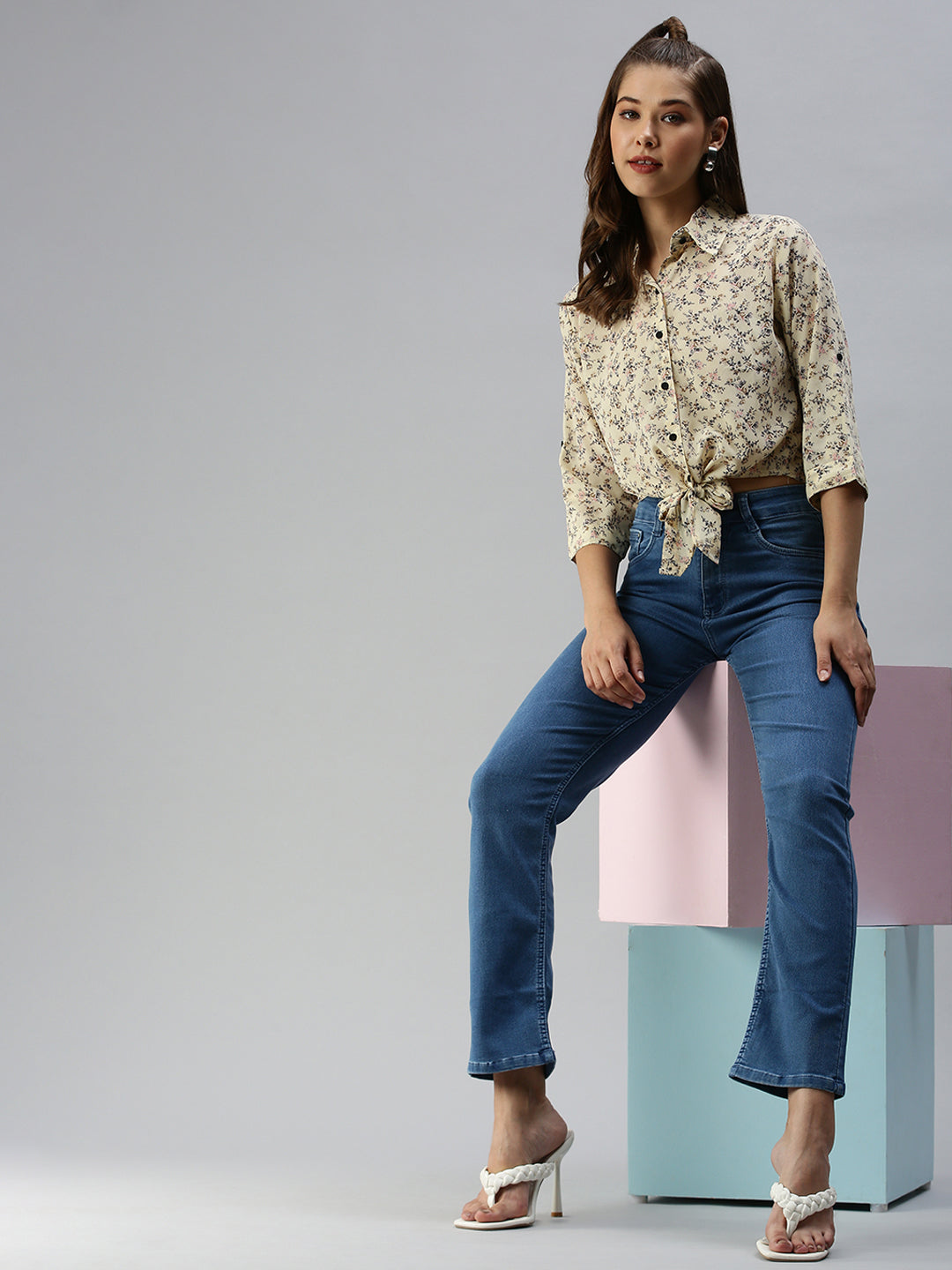 Women's Yellow Floral Print Shirt Style Crop Top