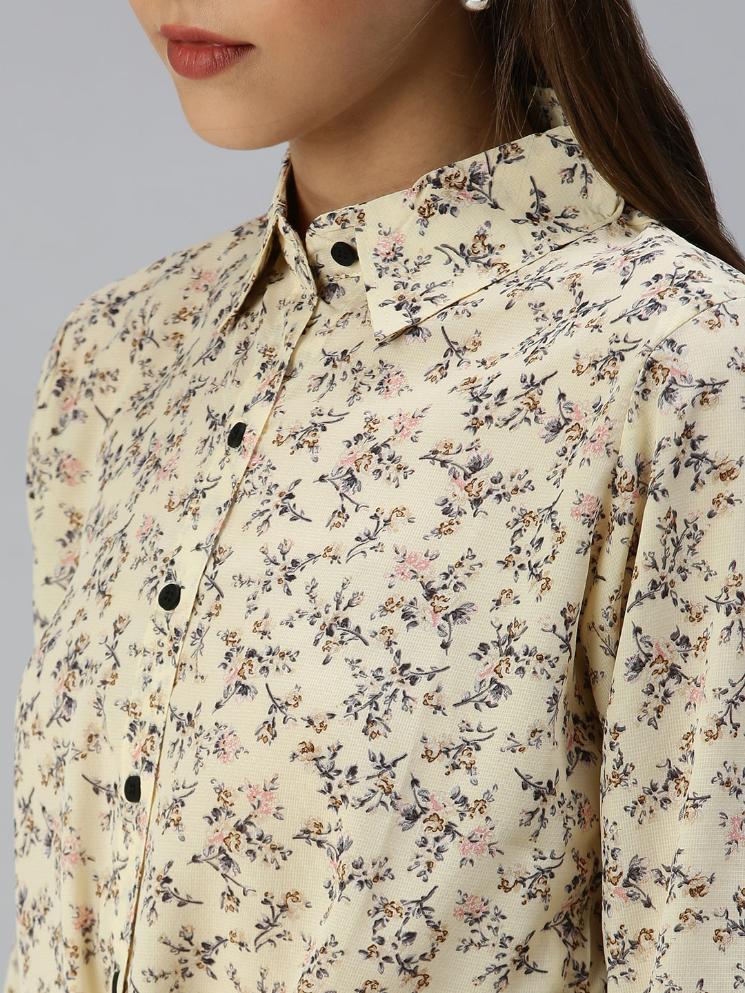 Women's Yellow Floral Print Shirt Style Crop Top