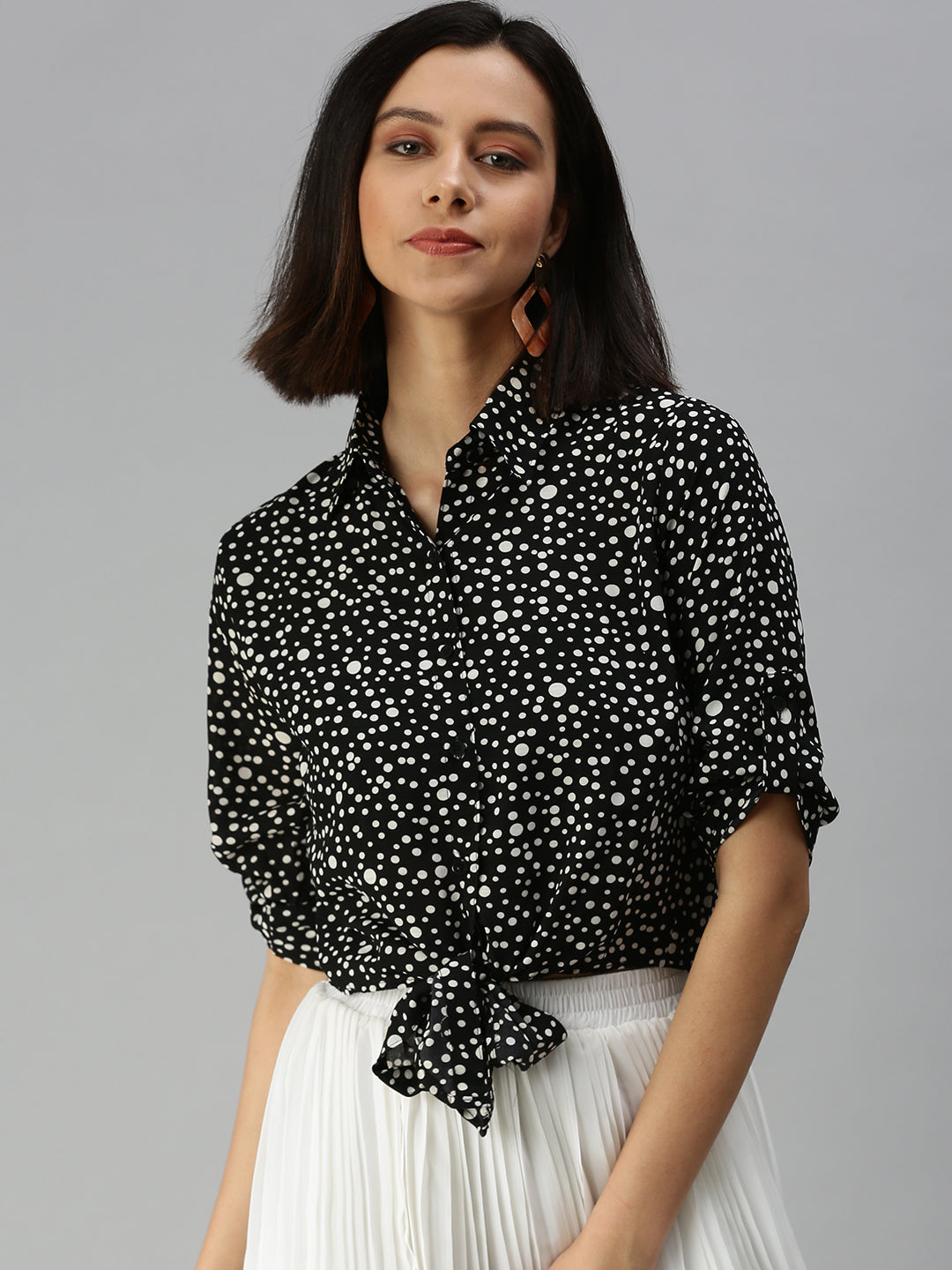 Women's Black Micro Ditsy Printed Shirt Style Top