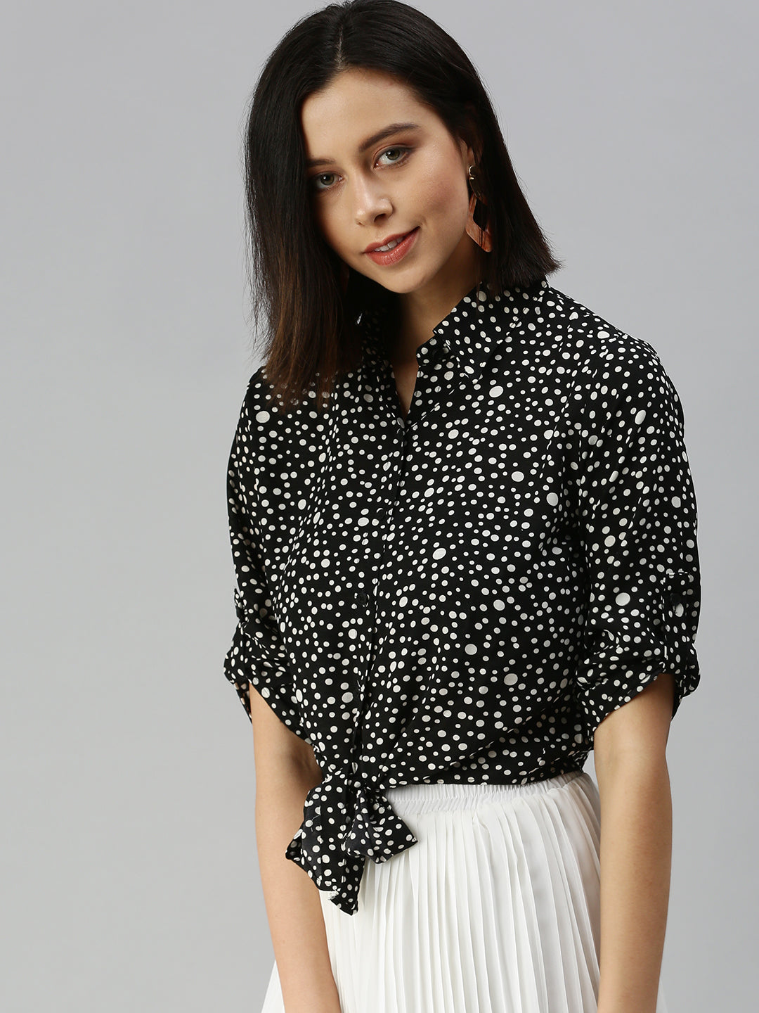 Women's Black Micro Ditsy Printed Shirt Style Top