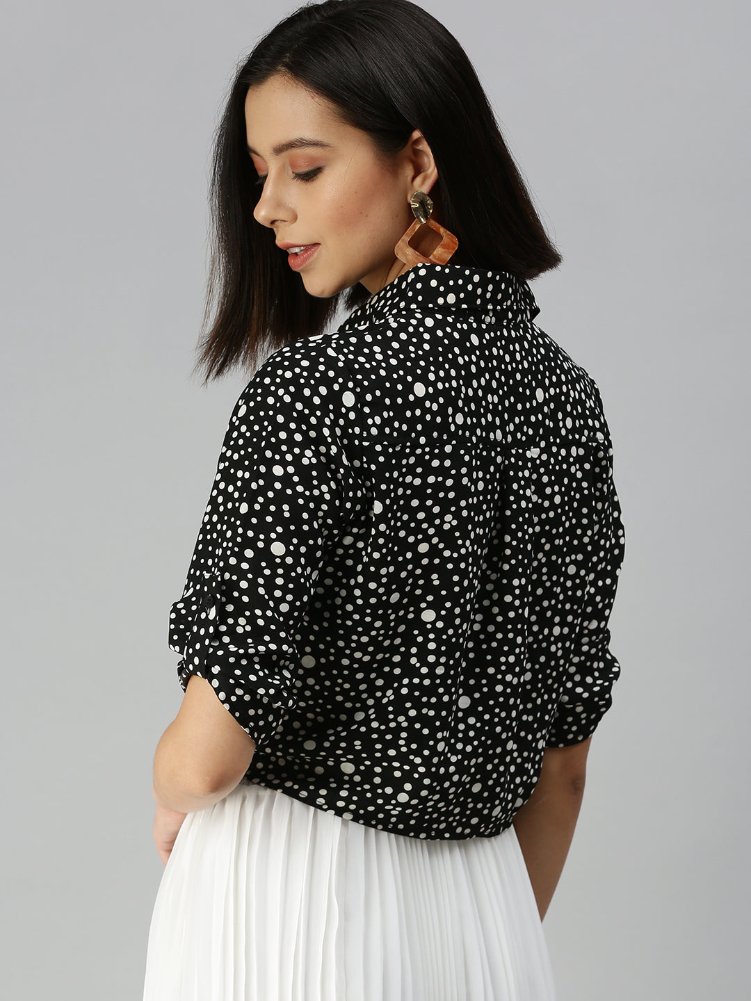 Women's Black Micro Ditsy Printed Shirt Style Top
