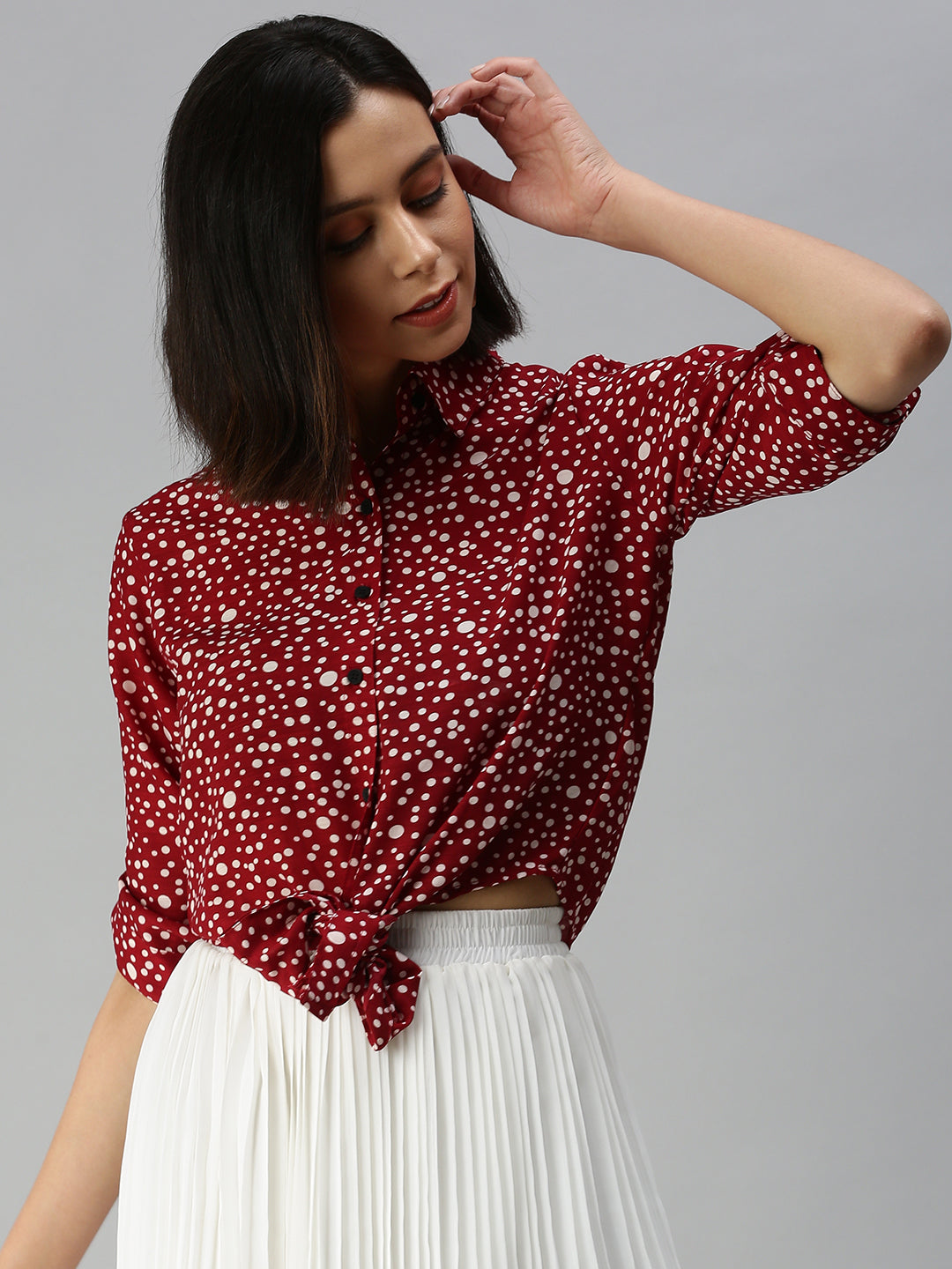 Women's Red Print Tie-Up Neck Shirt Style Top