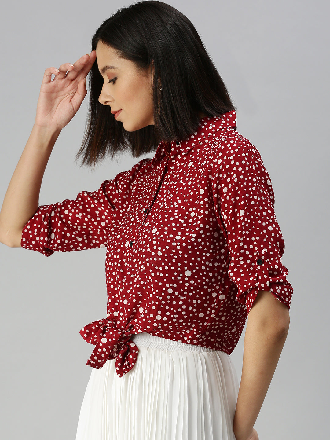 Women's Red Print Tie-Up Neck Shirt Style Top