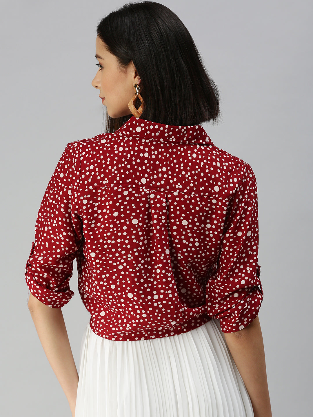 Women's Red Print Tie-Up Neck Shirt Style Top