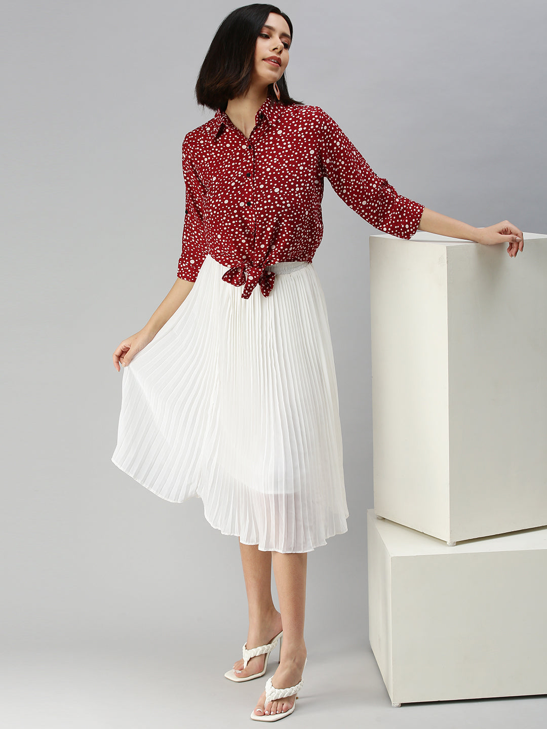 Women's Red Print Tie-Up Neck Shirt Style Top