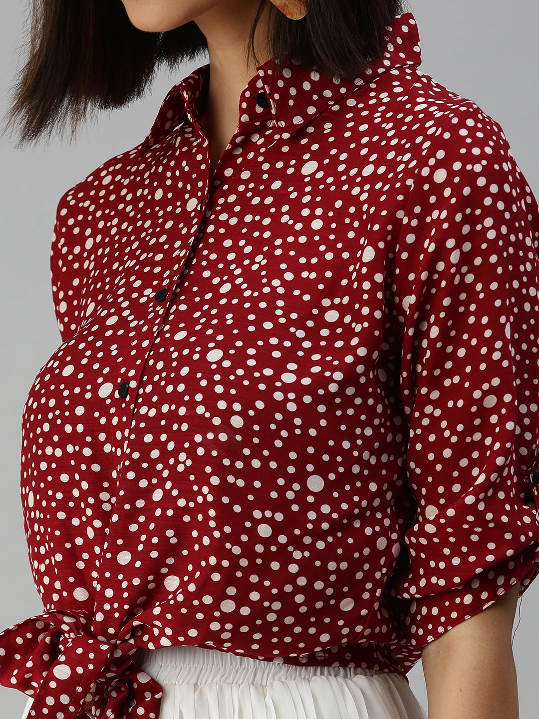 Women's Red Print Tie-Up Neck Shirt Style Top