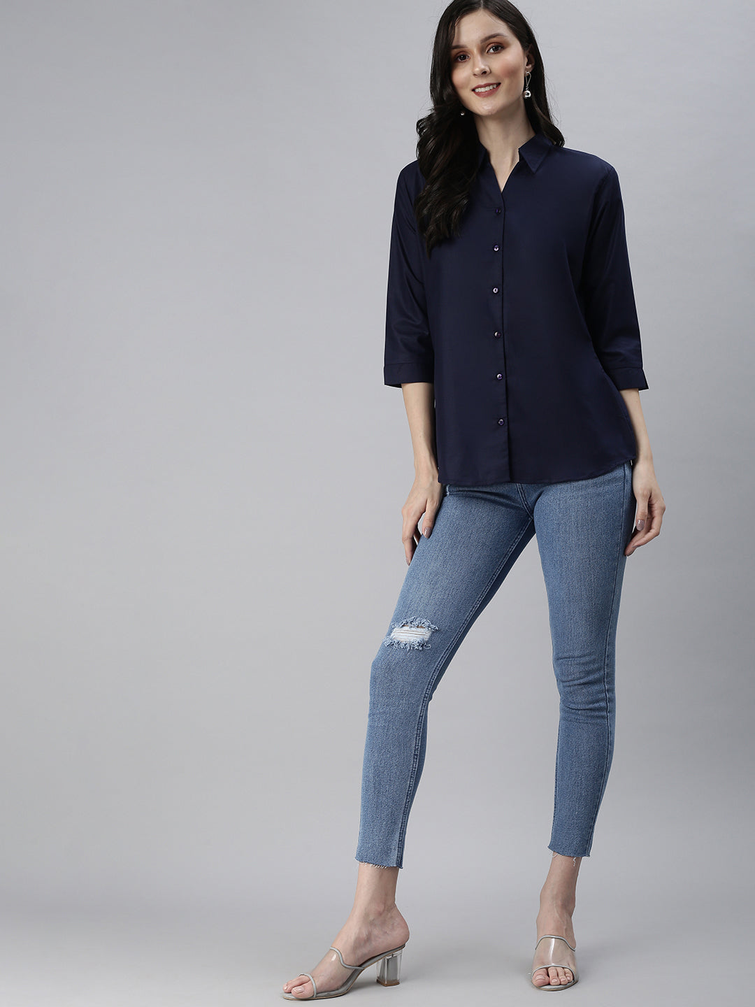 Women's Navy Blue Slim Fit Cotton Casual Shirt