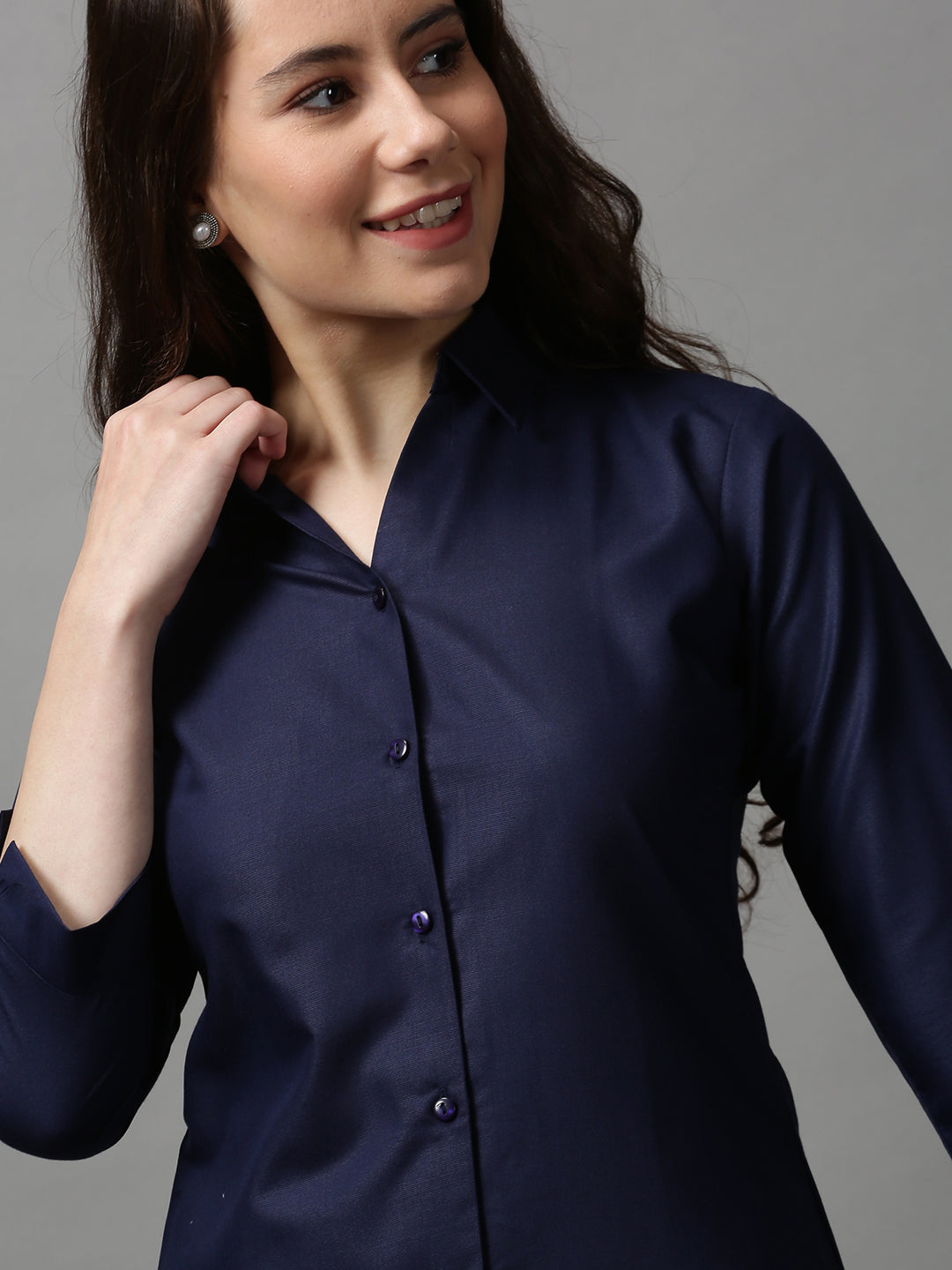 Women's Navy Blue Slim Fit Cotton Casual Shirt