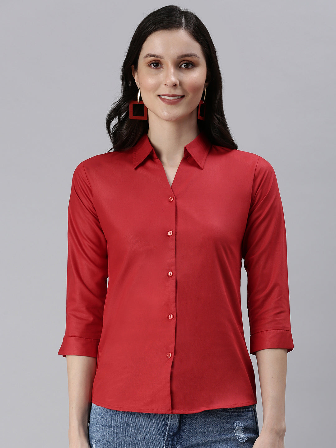 Women's Red Solid Casual Shirts