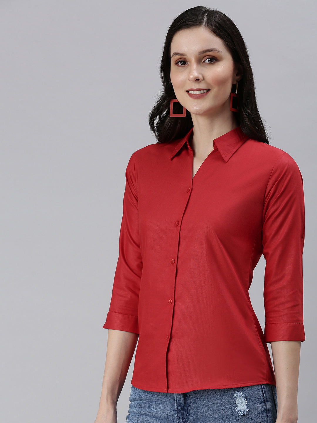 Women's Red Solid Casual Shirts