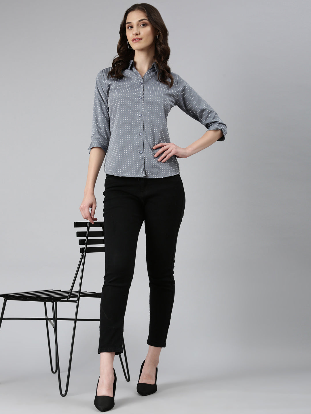 Women Grey Polka Dots Shirt