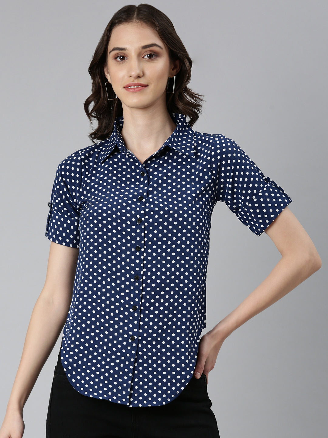 Women Navy Blue Polka Dots Shirt