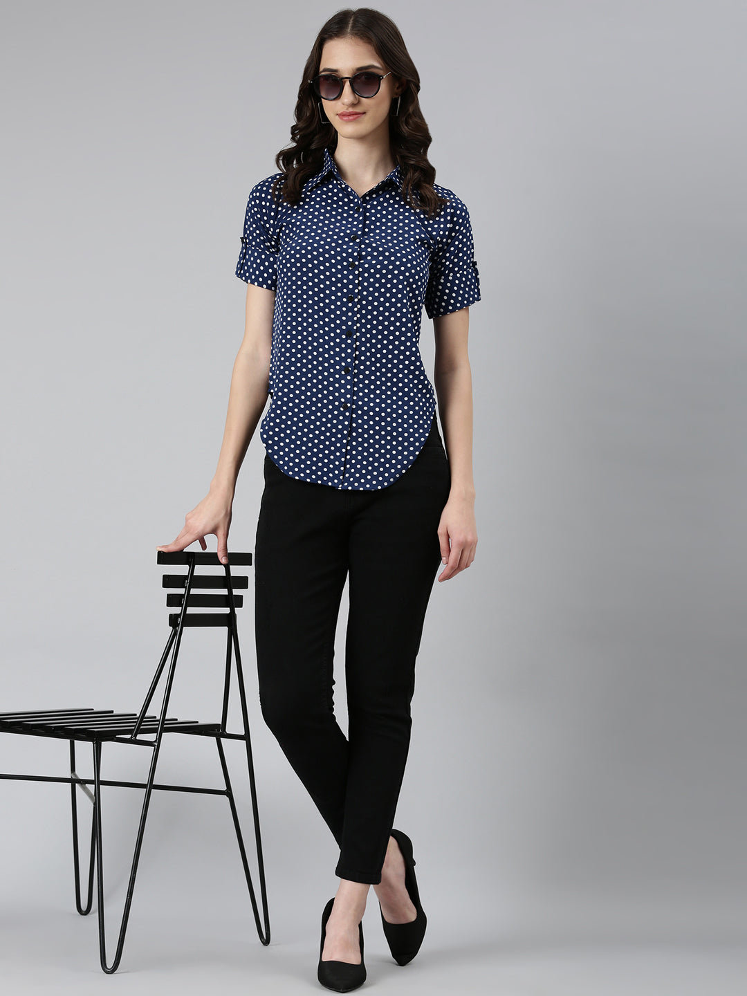 Women Navy Blue Polka Dots Shirt