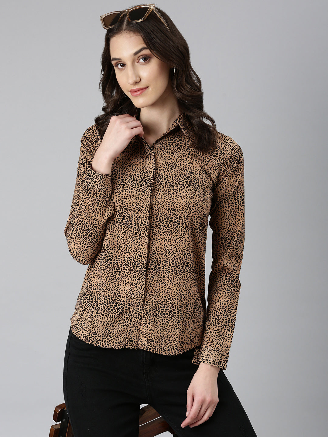 Women Camel Brown Printed Shirt