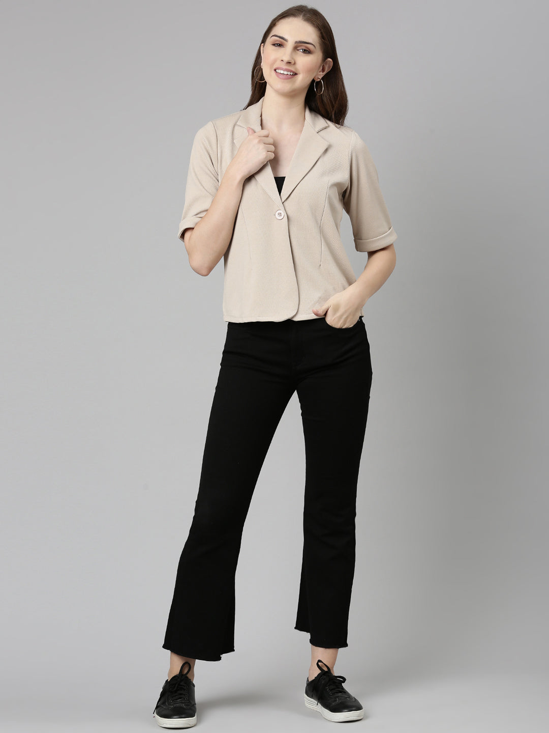 Women Beige Solid Blazer