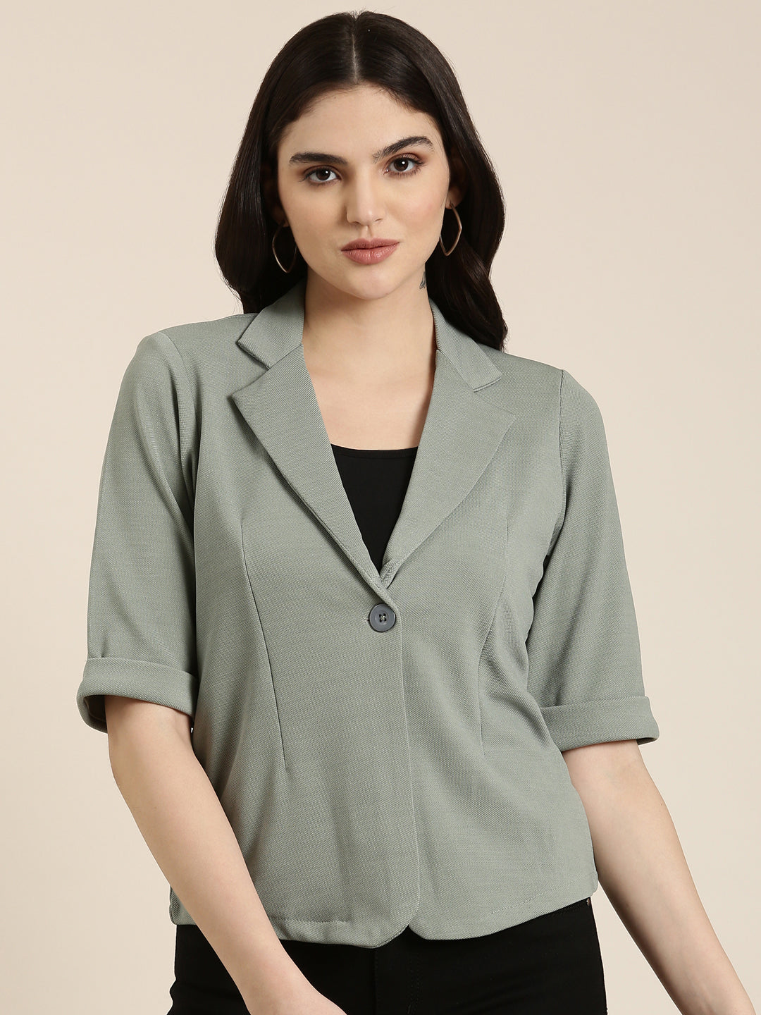 Women Sea Green Solid Blazer