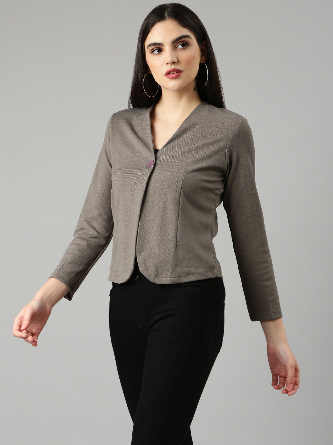 Women's Grey Slim Fit V-Neck Single-Breasted Casual Blazer