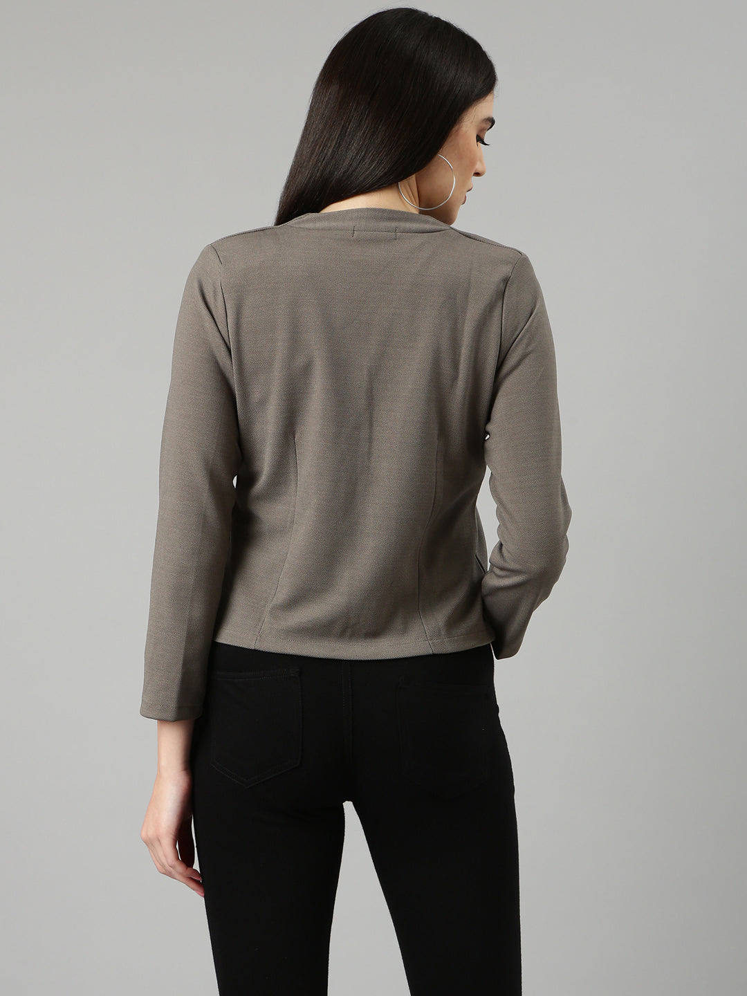 Women's Grey Slim Fit V-Neck Single-Breasted Casual Blazer