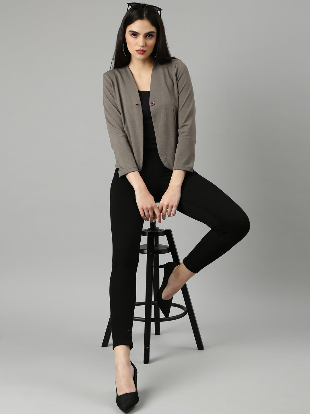 Women's Grey Slim Fit V-Neck Single-Breasted Casual Blazer