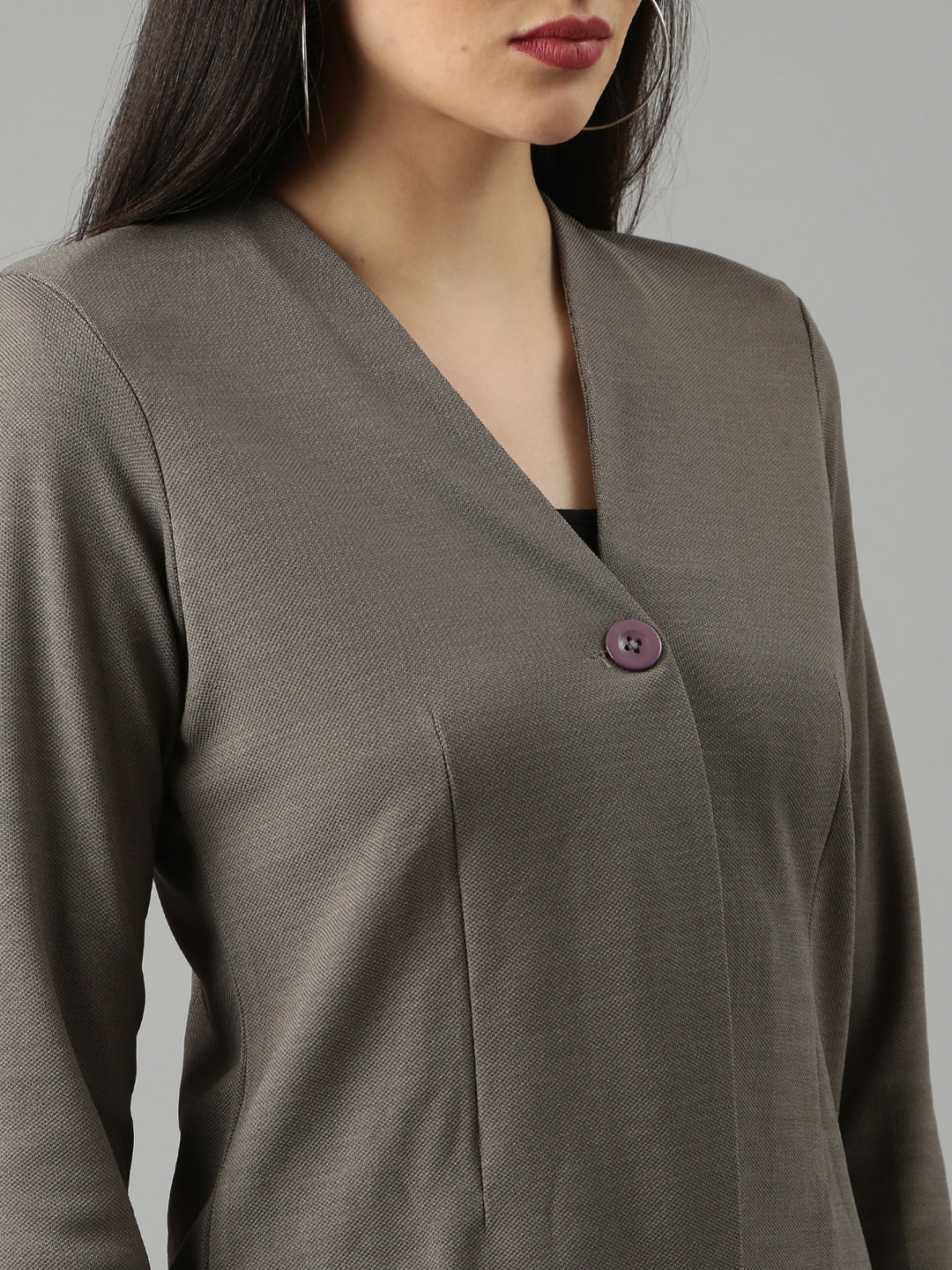 Women's Grey Slim Fit V-Neck Single-Breasted Casual Blazer