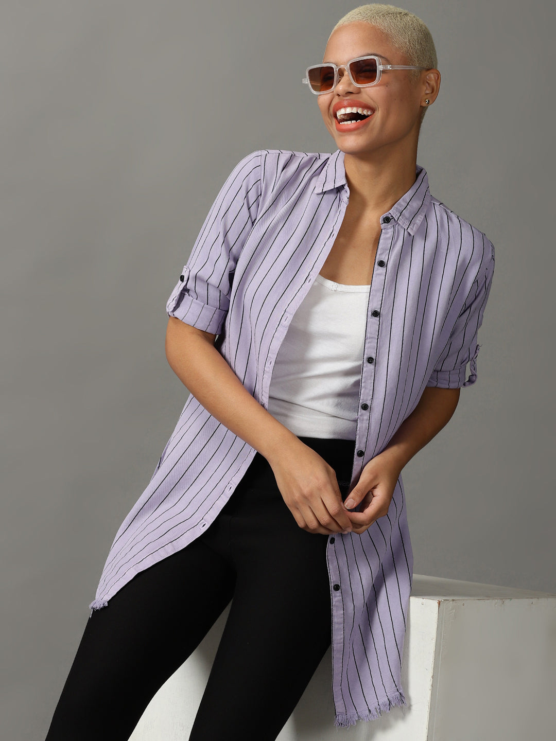 Women's Purple Striped Longline Shirt