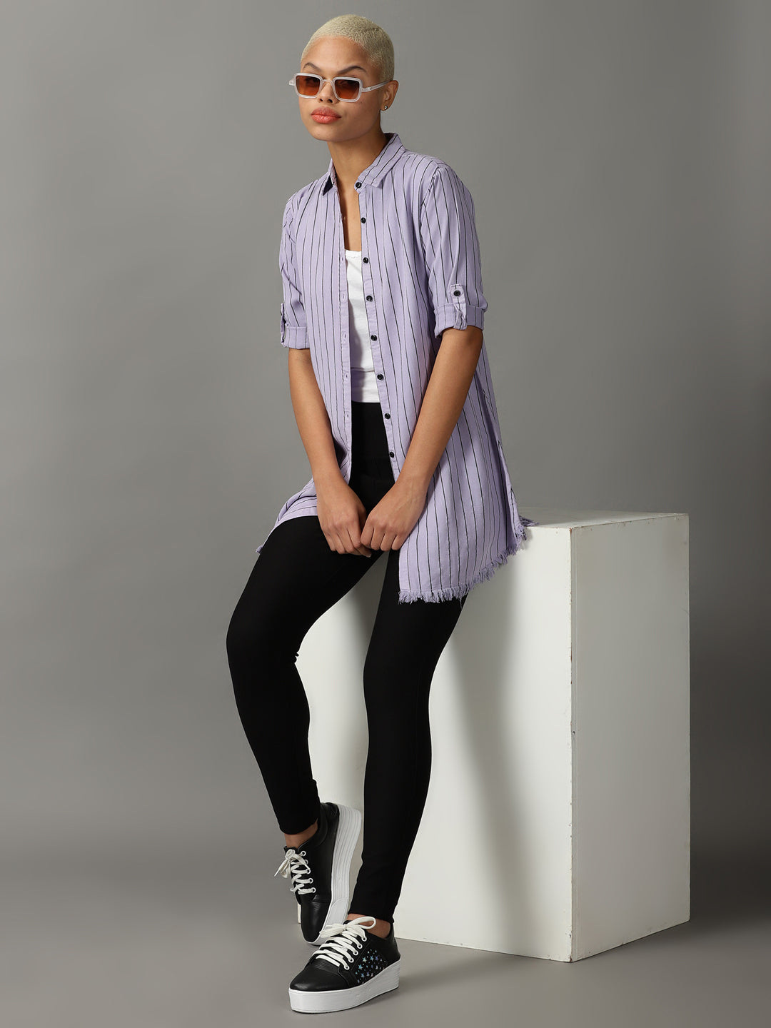 Women's Purple Striped Longline Shirt