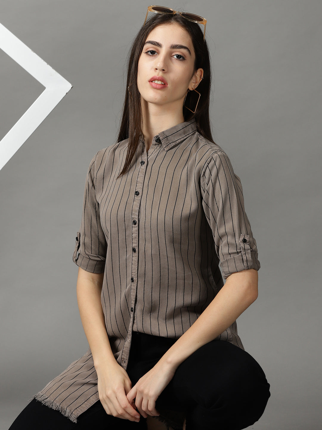 Women's Grey Striped Longline Shirt