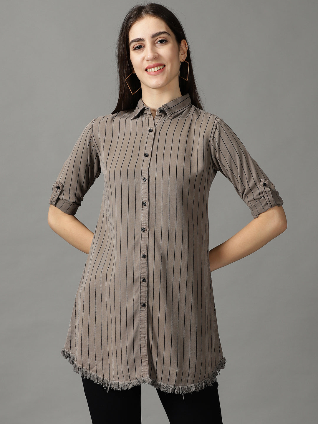 Women's Grey Striped Longline Shirt