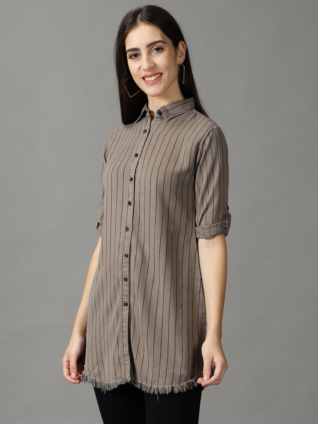 Women's Grey Striped Longline Shirt