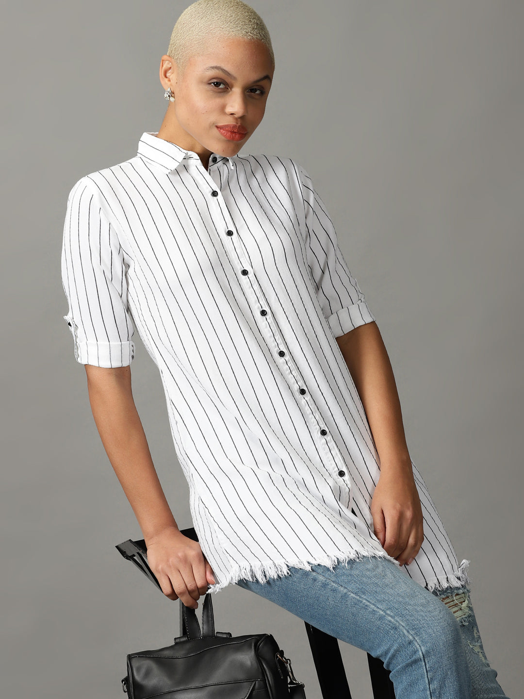 Women's White Striped Longline Shirt