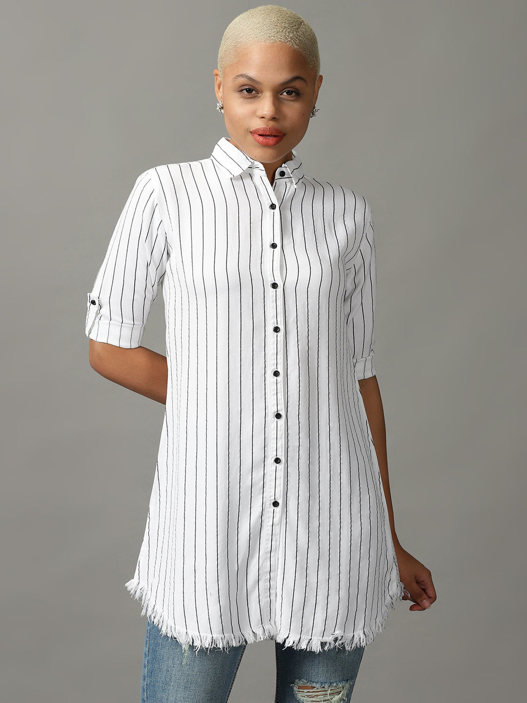 Women's White Striped Longline Shirt