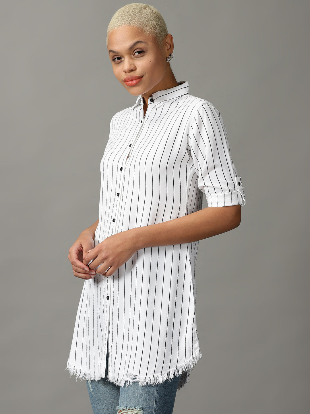 Women's White Striped Longline Shirt