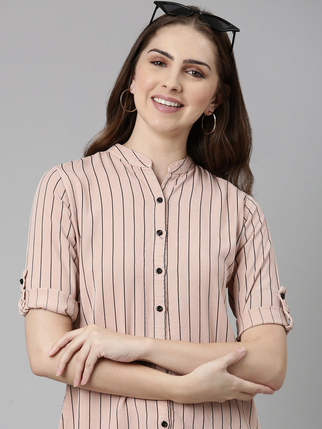 Women Pink Striped Longline Shirt