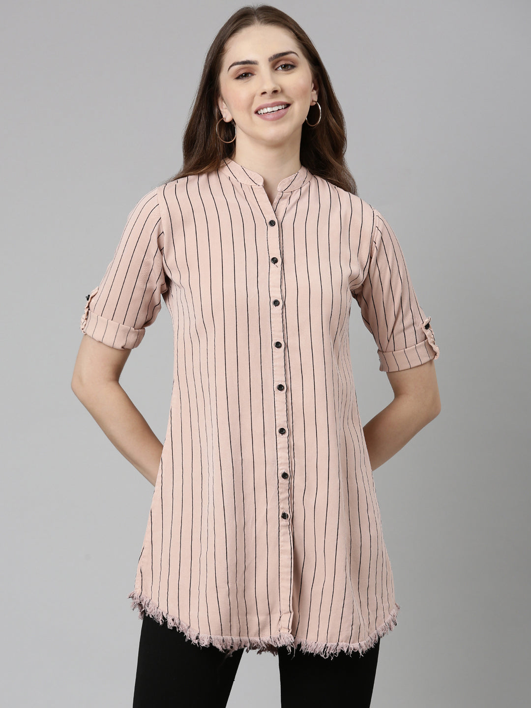 Women Pink Striped Longline Shirt